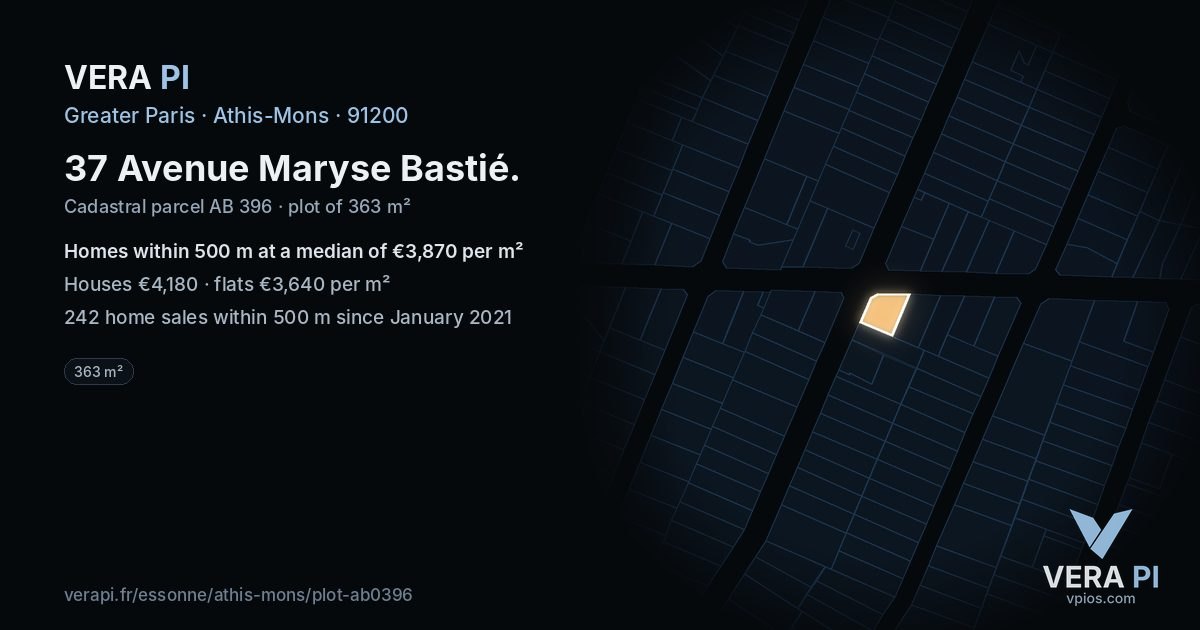 37 Avenue Maryse Bastié, Athis-Mons at night – the plot lit, the parcels around coloured by the prices near them