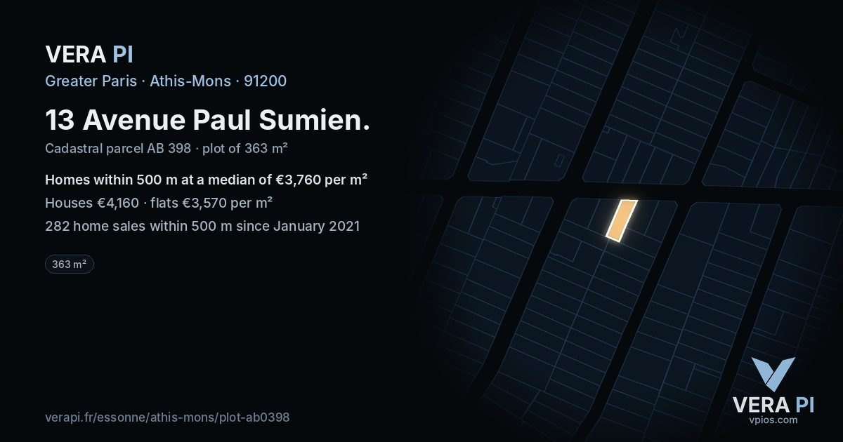 13 Avenue Paul Sumien, Athis-Mons at night – the plot lit, the parcels around coloured by the prices near them
