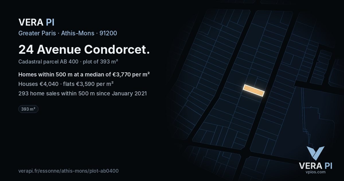 24 Avenue Condorcet, Athis-Mons at night – the plot lit, the parcels around coloured by the prices near them