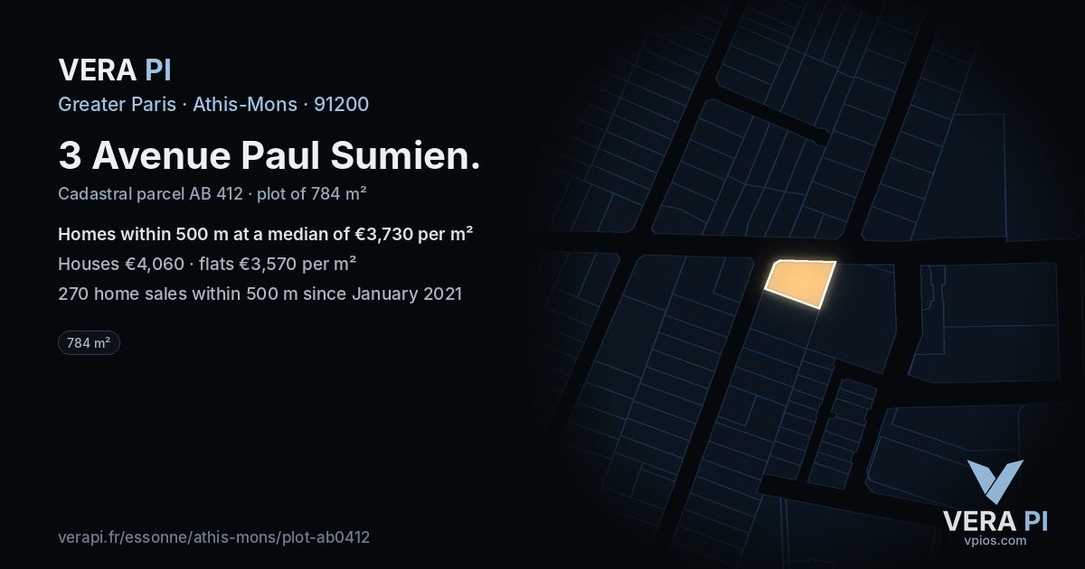 3 Avenue Paul Sumien, Athis-Mons at night – the plot lit, the parcels around coloured by the prices near them