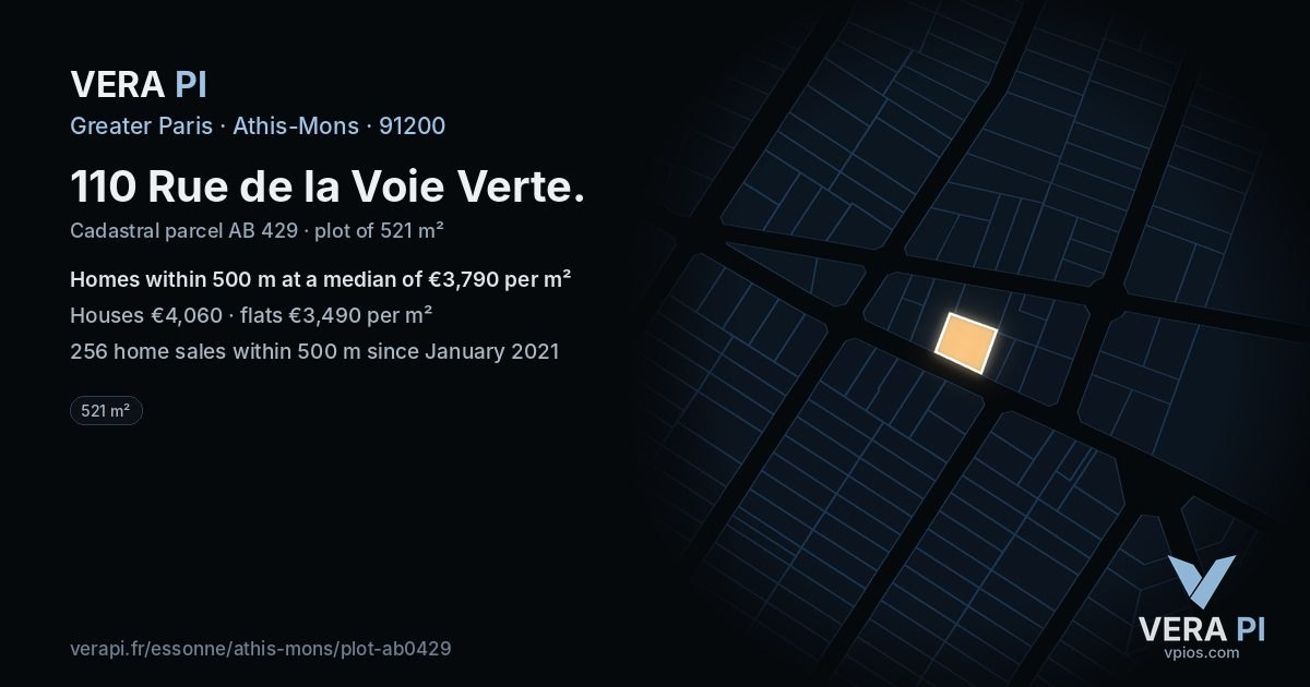 110 Rue de la Voie Verte, Athis-Mons at night – the plot lit, the parcels around coloured by the prices near them