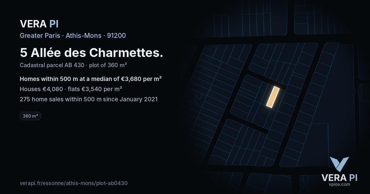 5 Allée des Charmettes, Athis-Mons at night – the plot lit, the parcels around coloured by the prices near them