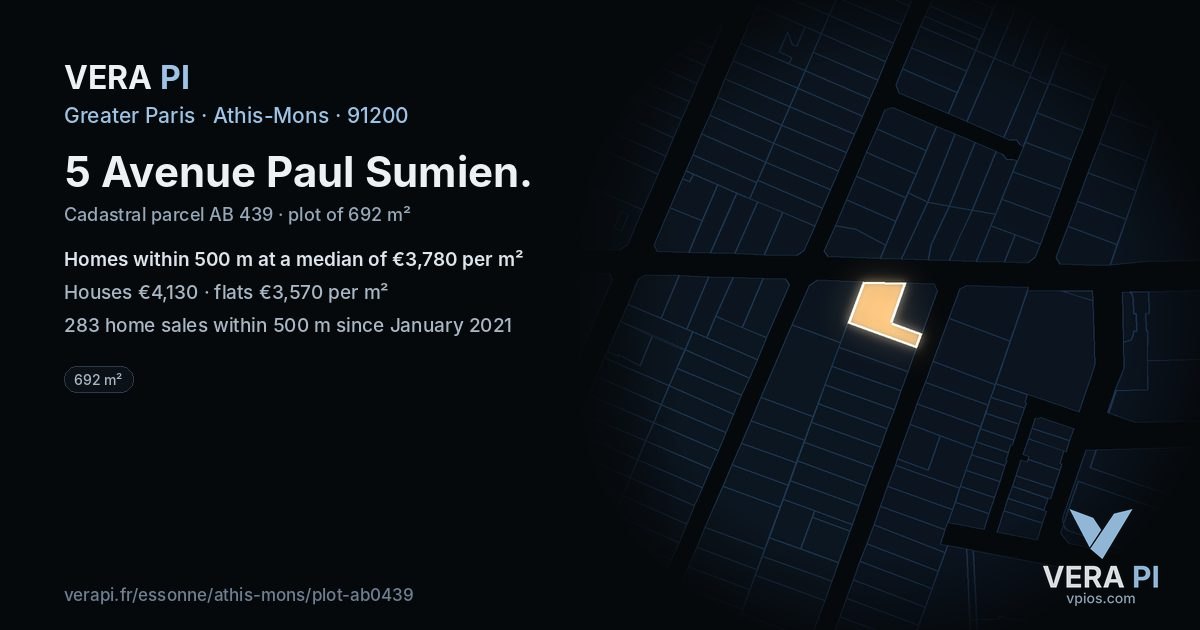 5 Avenue Paul Sumien, Athis-Mons at night – the plot lit, the parcels around coloured by the prices near them