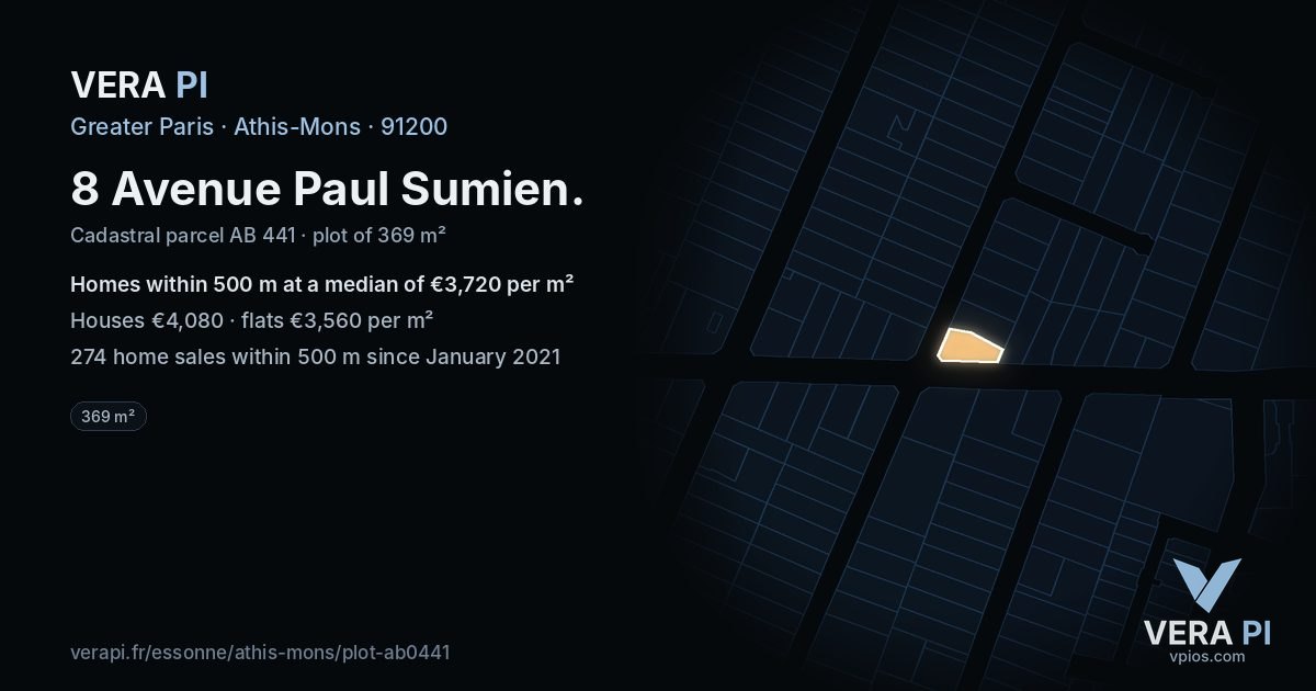 8 Avenue Paul Sumien, Athis-Mons at night – the plot lit, the parcels around coloured by the prices near them