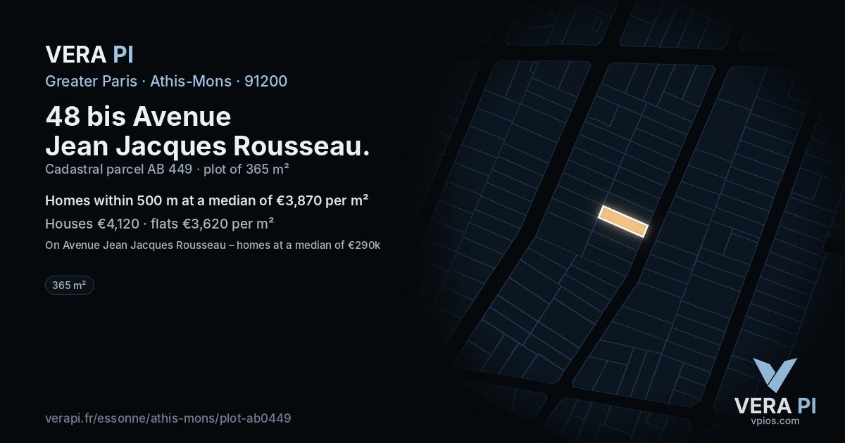 48 bis Avenue Jean Jacques Rousseau, Athis-Mons at night – the plot lit, the parcels around coloured by the prices near them