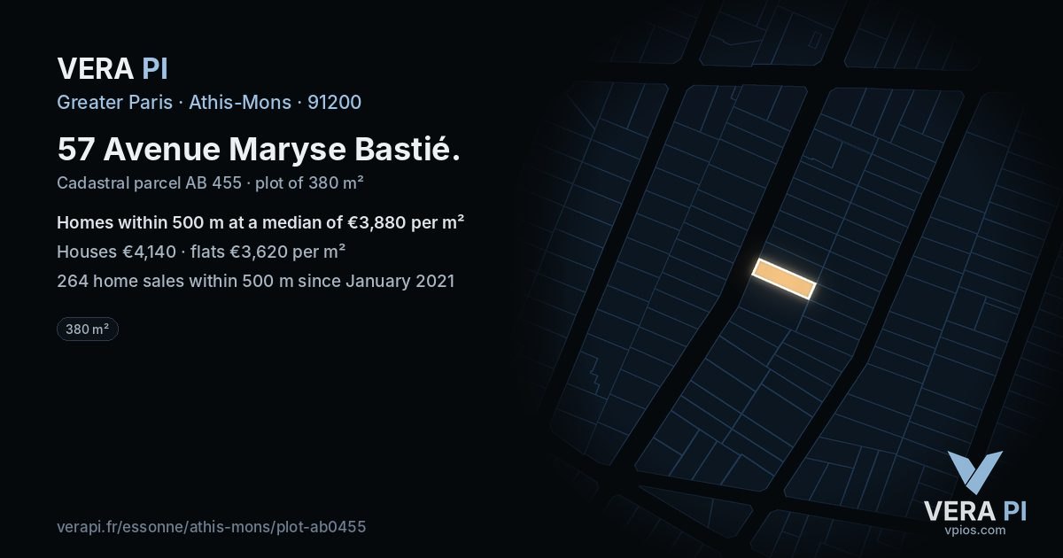 57 Avenue Maryse Bastié, Athis-Mons at night – the plot lit, the parcels around coloured by the prices near them