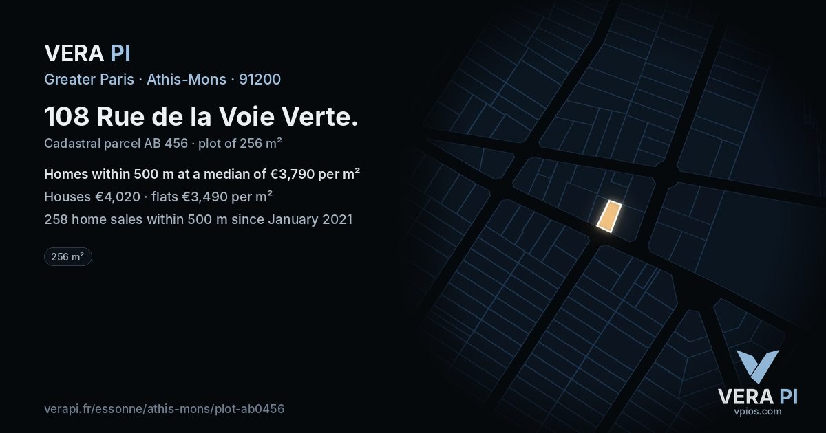 108 Rue de la Voie Verte, Athis-Mons at night – the plot lit, the parcels around coloured by the prices near them