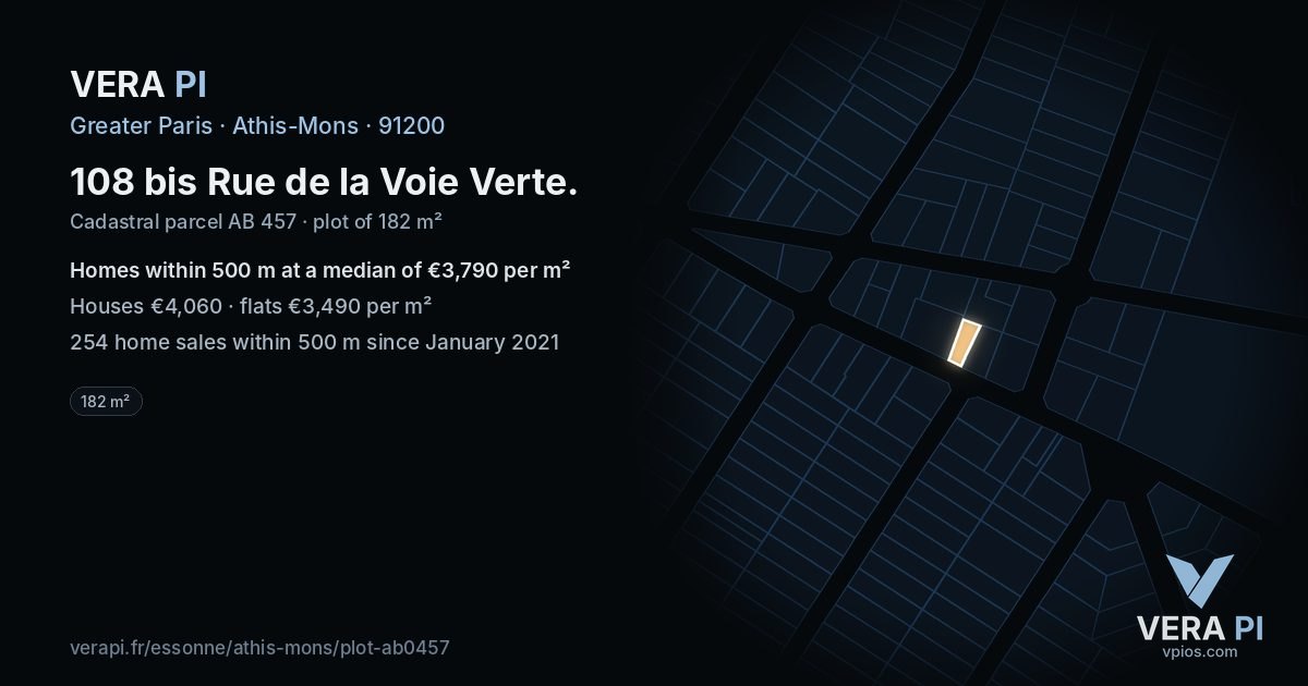 108 bis Rue de la Voie Verte, Athis-Mons at night – the plot lit, the parcels around coloured by the prices near them