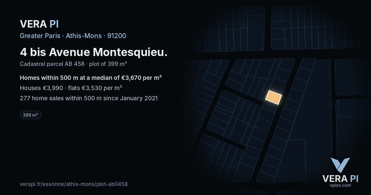 4 bis Avenue Montesquieu, Athis-Mons at night – the plot lit, the parcels around coloured by the prices near them