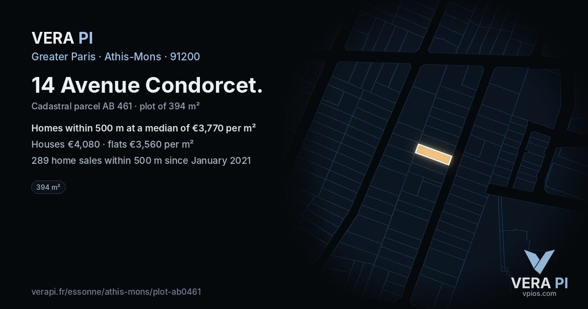 14 Avenue Condorcet, Athis-Mons at night – the plot lit, the parcels around coloured by the prices near them