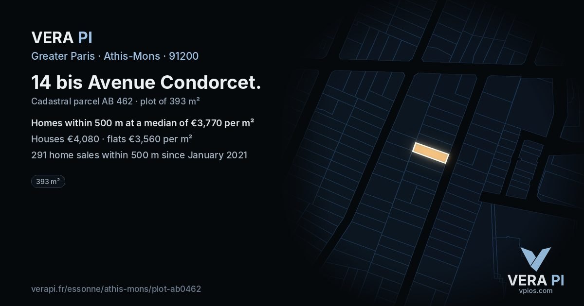 14 bis Avenue Condorcet, Athis-Mons at night – the plot lit, the parcels around coloured by the prices near them