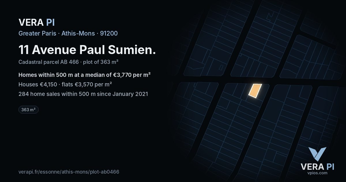 11 Avenue Paul Sumien, Athis-Mons at night – the plot lit, the parcels around coloured by the prices near them
