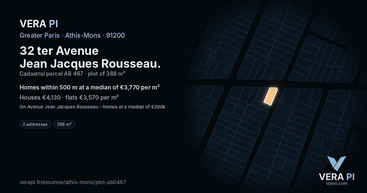 32 ter Avenue Jean Jacques Rousseau, Athis-Mons at night – the plot lit, the parcels around coloured by the prices near them