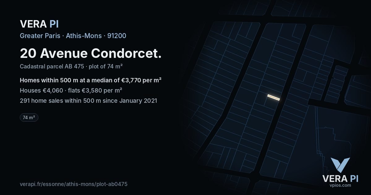 20 Avenue Condorcet, Athis-Mons at night – the plot lit, the parcels around coloured by the prices near them