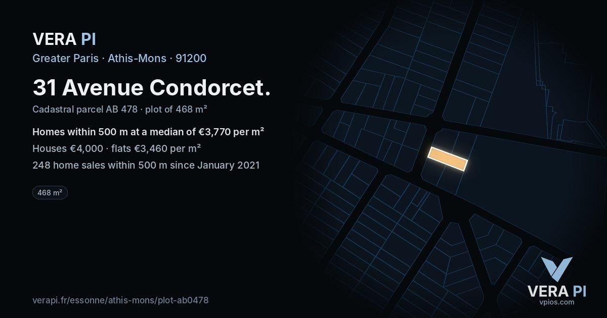 31 Avenue Condorcet, Athis-Mons at night – the plot lit, the parcels around coloured by the prices near them