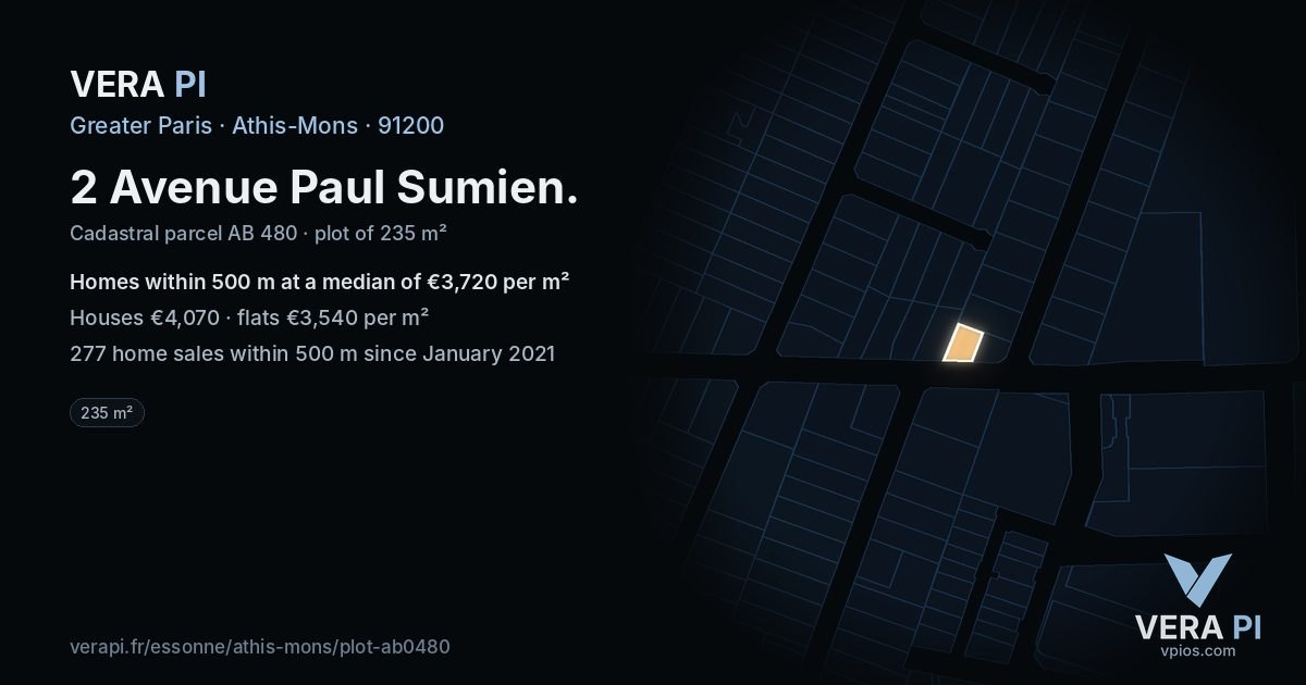 2 Avenue Paul Sumien, Athis-Mons at night – the plot lit, the parcels around coloured by the prices near them