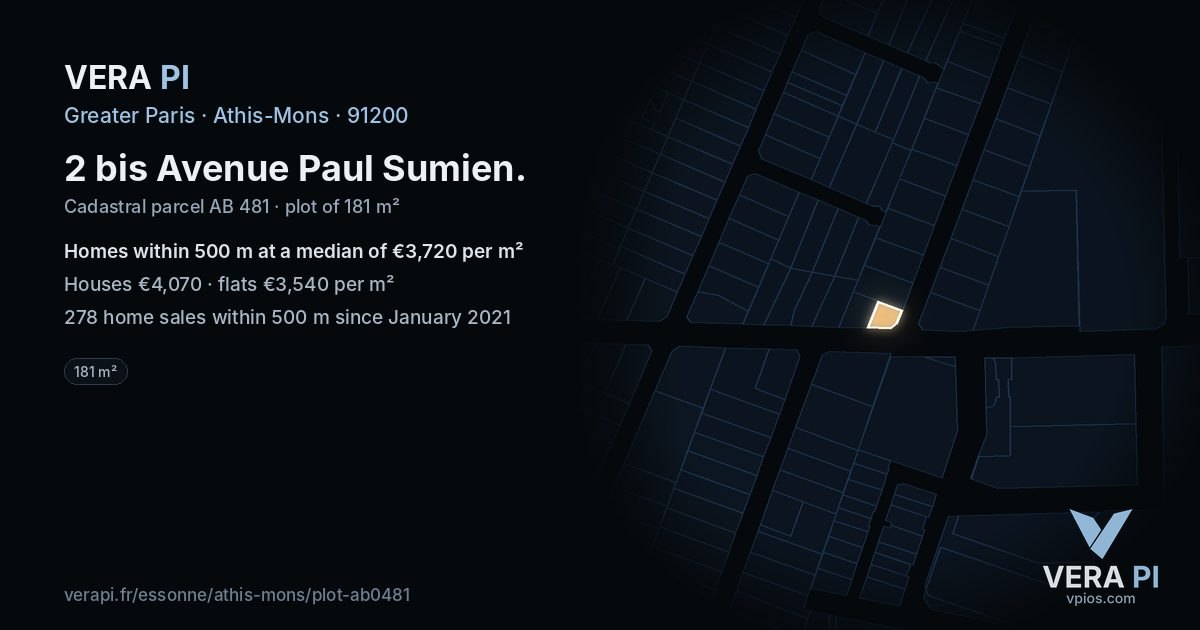 2 bis Avenue Paul Sumien, Athis-Mons at night – the plot lit, the parcels around coloured by the prices near them