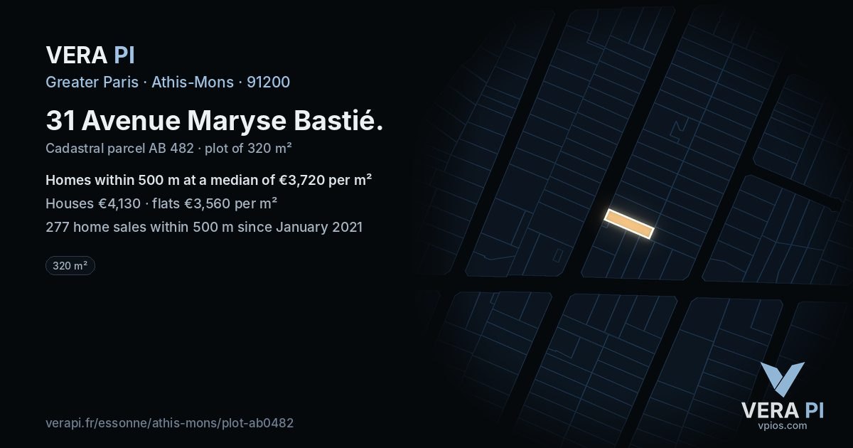 31 Avenue Maryse Bastié, Athis-Mons at night – the plot lit, the parcels around coloured by the prices near them