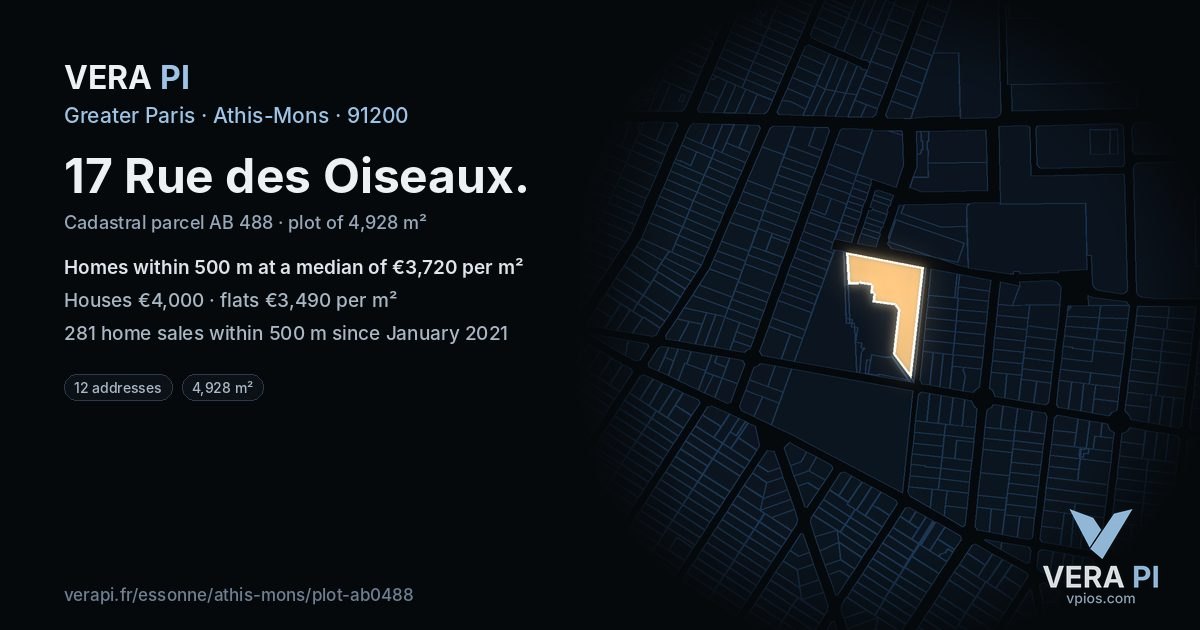 17 Rue des Oiseaux, Athis-Mons at night – the plot lit, the parcels around coloured by the prices near them