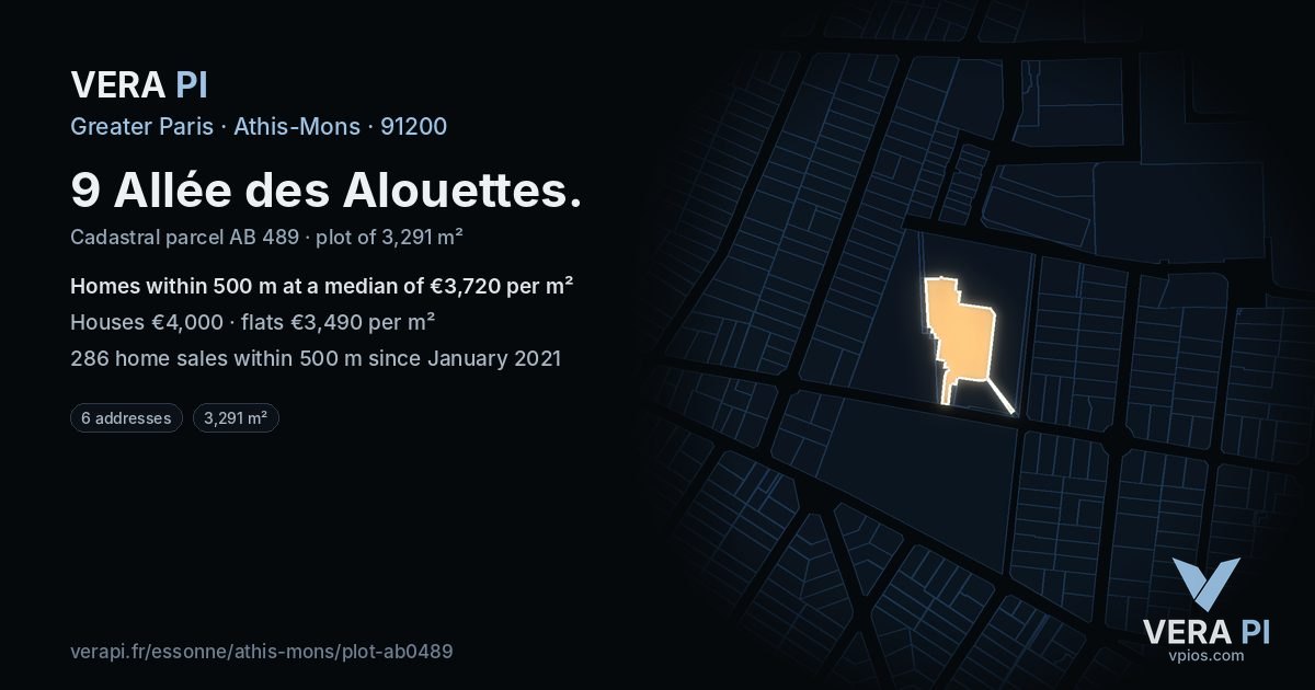 9 Allée des Alouettes, Athis-Mons at night – the plot lit, the parcels around coloured by the prices near them