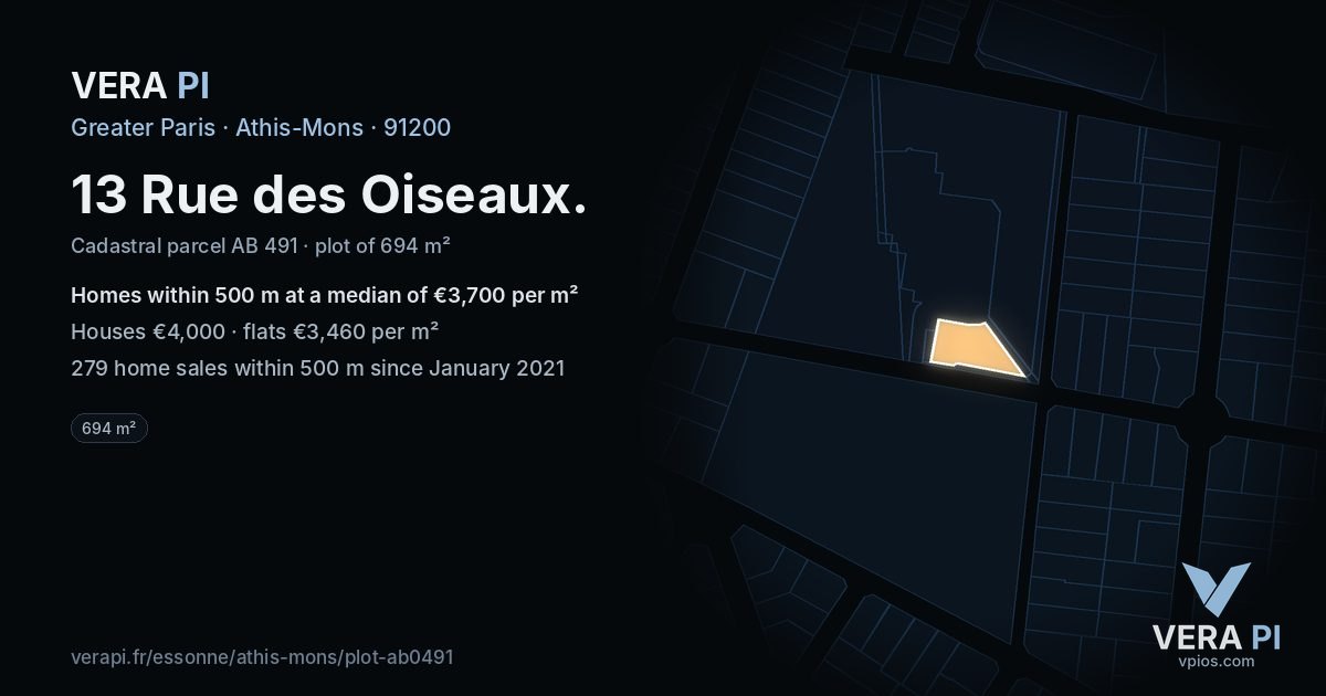 13 Rue des Oiseaux, Athis-Mons at night – the plot lit, the parcels around coloured by the prices near them
