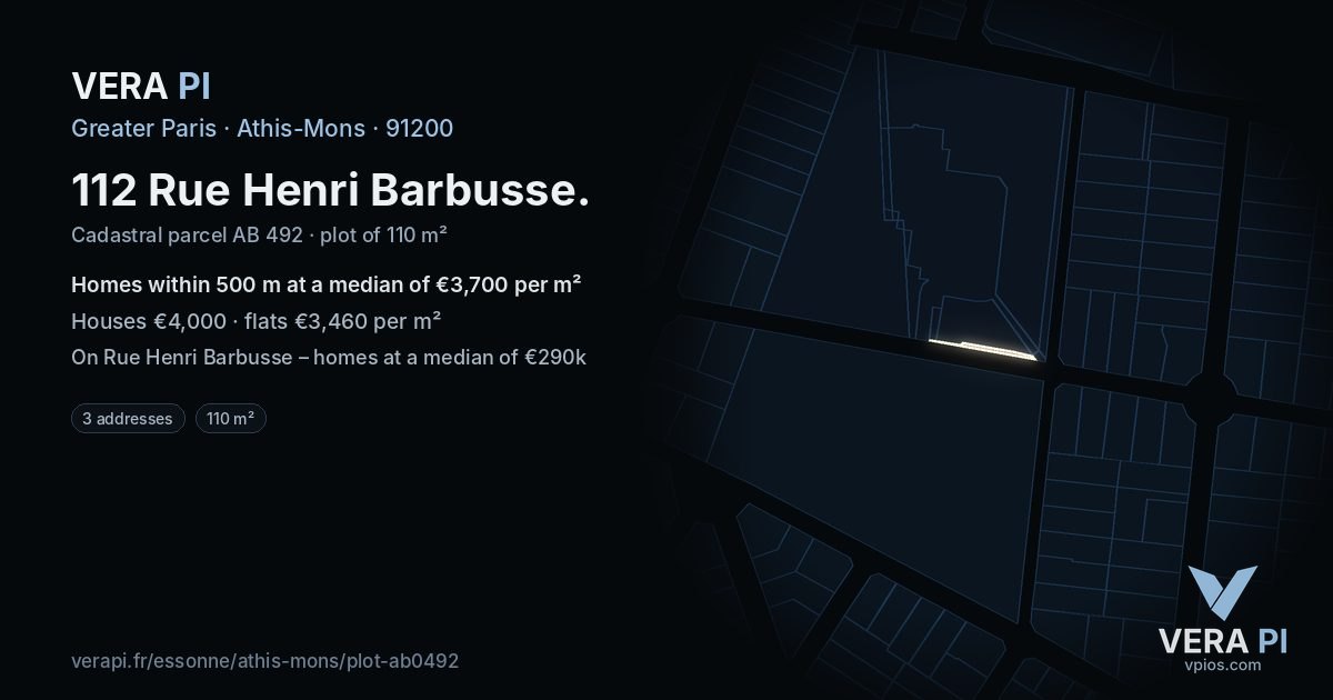 112 Rue Henri Barbusse, Athis-Mons at night – the plot lit, the parcels around coloured by the prices near them