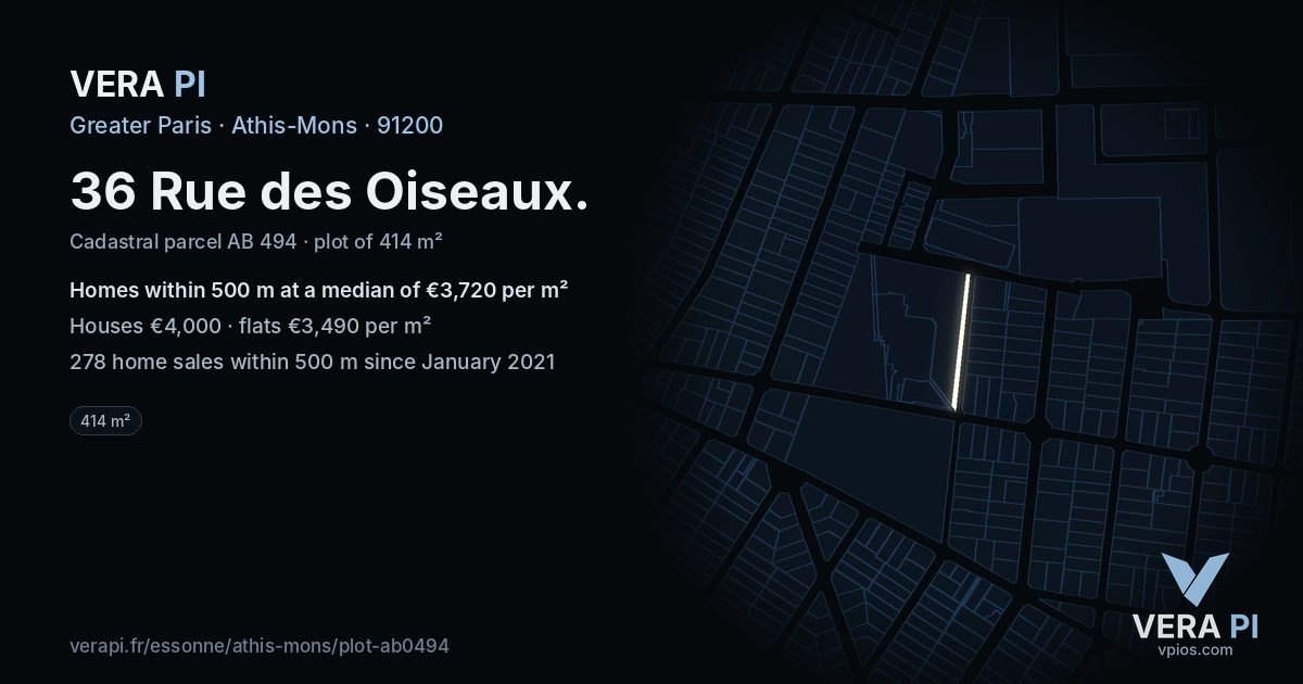 36 Rue des Oiseaux, Athis-Mons at night – the plot lit, the parcels around coloured by the prices near them