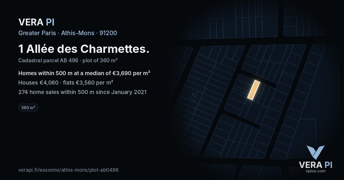 1 Allée des Charmettes, Athis-Mons at night – the plot lit, the parcels around coloured by the prices near them