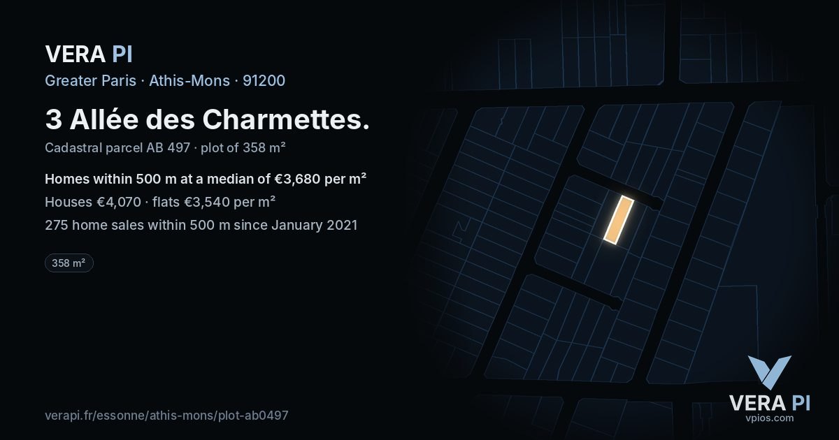 3 Allée des Charmettes, Athis-Mons at night – the plot lit, the parcels around coloured by the prices near them