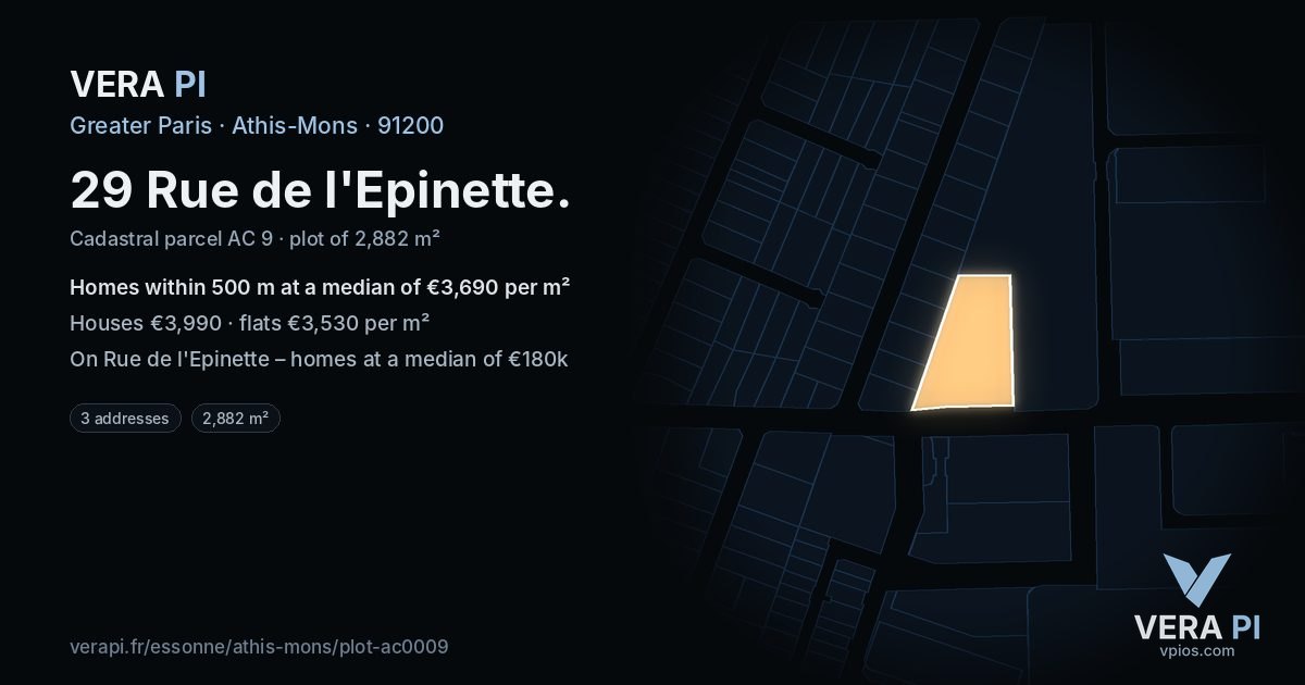 29 Rue de l'Epinette, Athis-Mons at night – the plot lit, the parcels around coloured by the prices near them