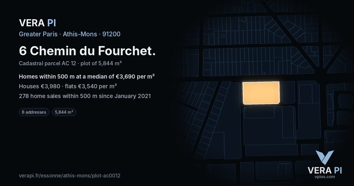 6 Chemin du Fourchet, Athis-Mons at night – the plot lit, the parcels around coloured by the prices near them