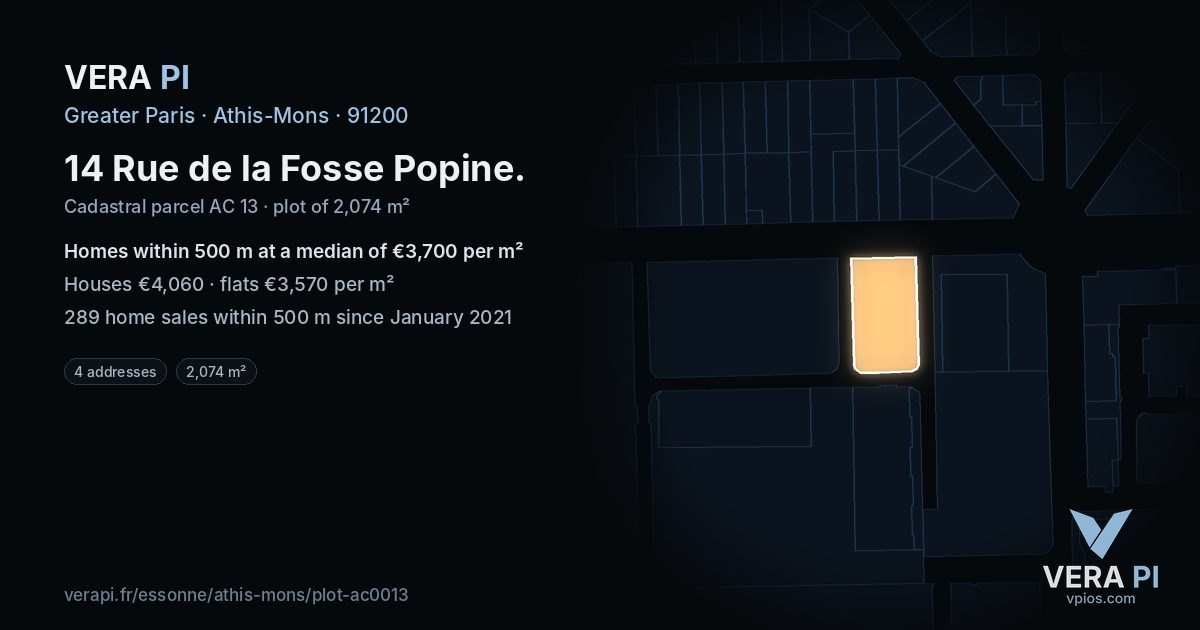 14 Rue de la Fosse Popine, Athis-Mons at night – the plot lit, the parcels around coloured by the prices near them