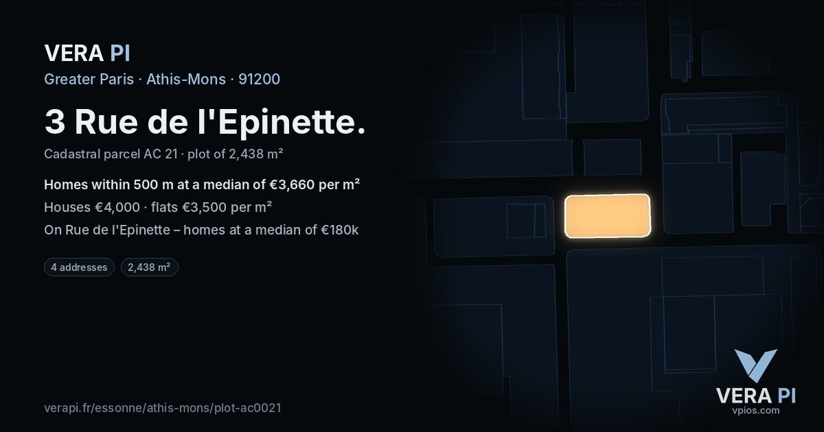 3 Rue de l'Epinette, Athis-Mons at night – the plot lit, the parcels around coloured by the prices near them