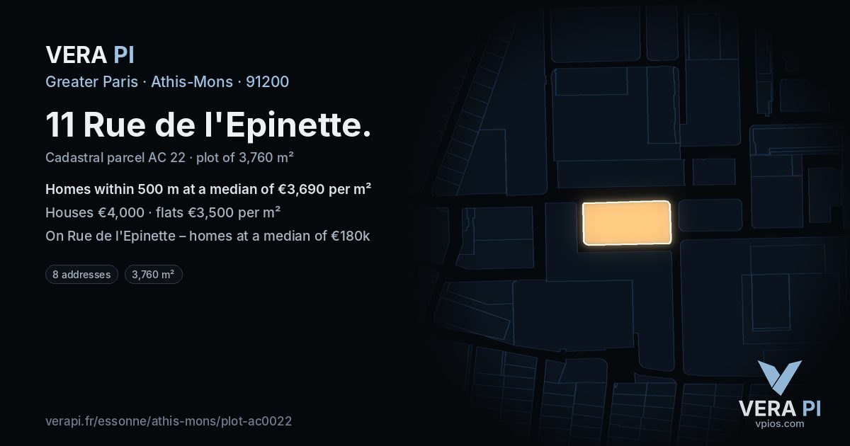 11 Rue de l'Epinette, Athis-Mons at night – the plot lit, the parcels around coloured by the prices near them
