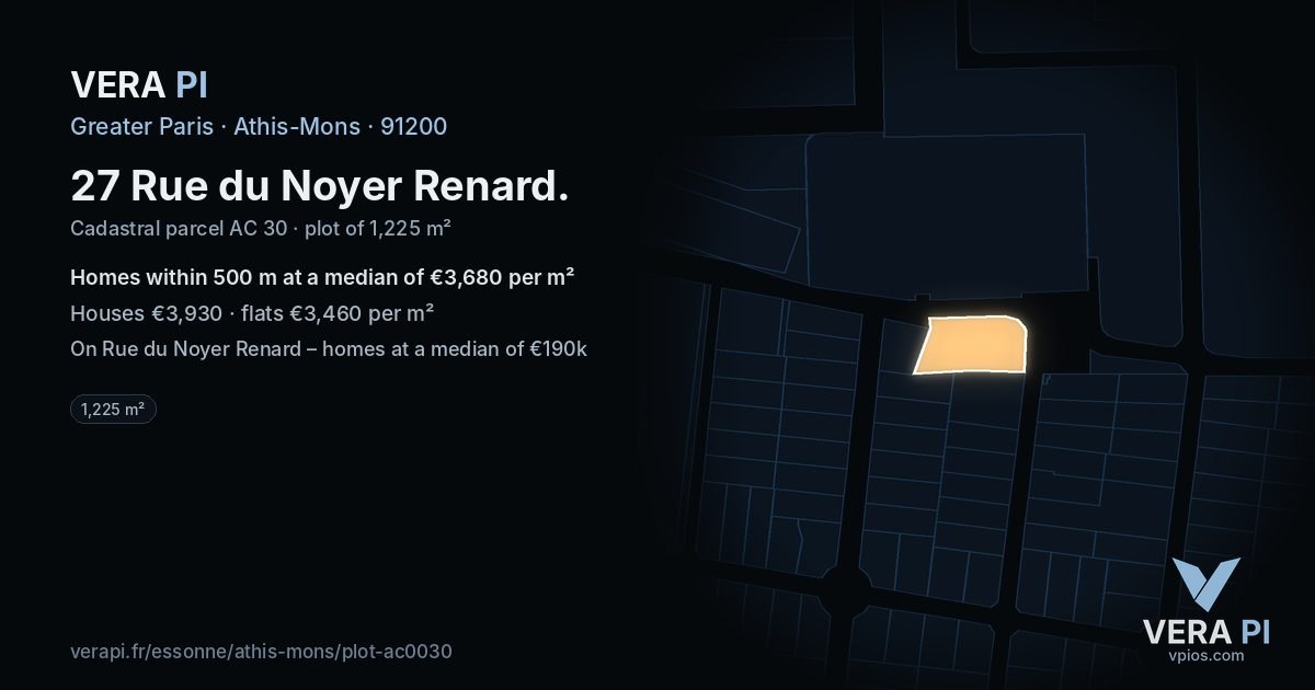 27 Rue du Noyer Renard, Athis-Mons at night – the plot lit, the parcels around coloured by the prices near them