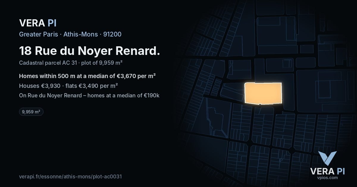 18 Rue du Noyer Renard, Athis-Mons at night – the plot lit, the parcels around coloured by the prices near them