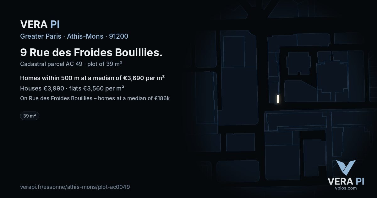 9 Rue des Froides Bouillies, Athis-Mons at night – the plot lit, the parcels around coloured by the prices near them