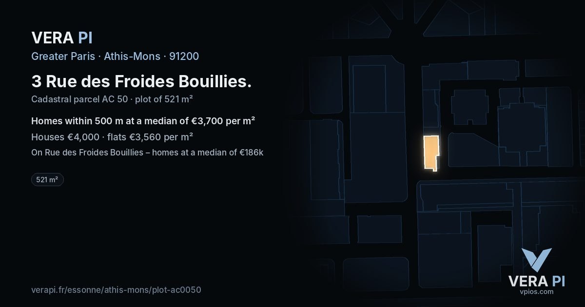 3 Rue des Froides Bouillies, Athis-Mons at night – the plot lit, the parcels around coloured by the prices near them