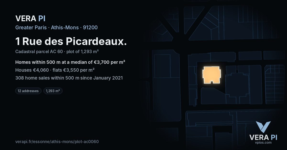 1 Rue des Picardeaux, Athis-Mons at night – the plot lit, the parcels around coloured by the prices near them