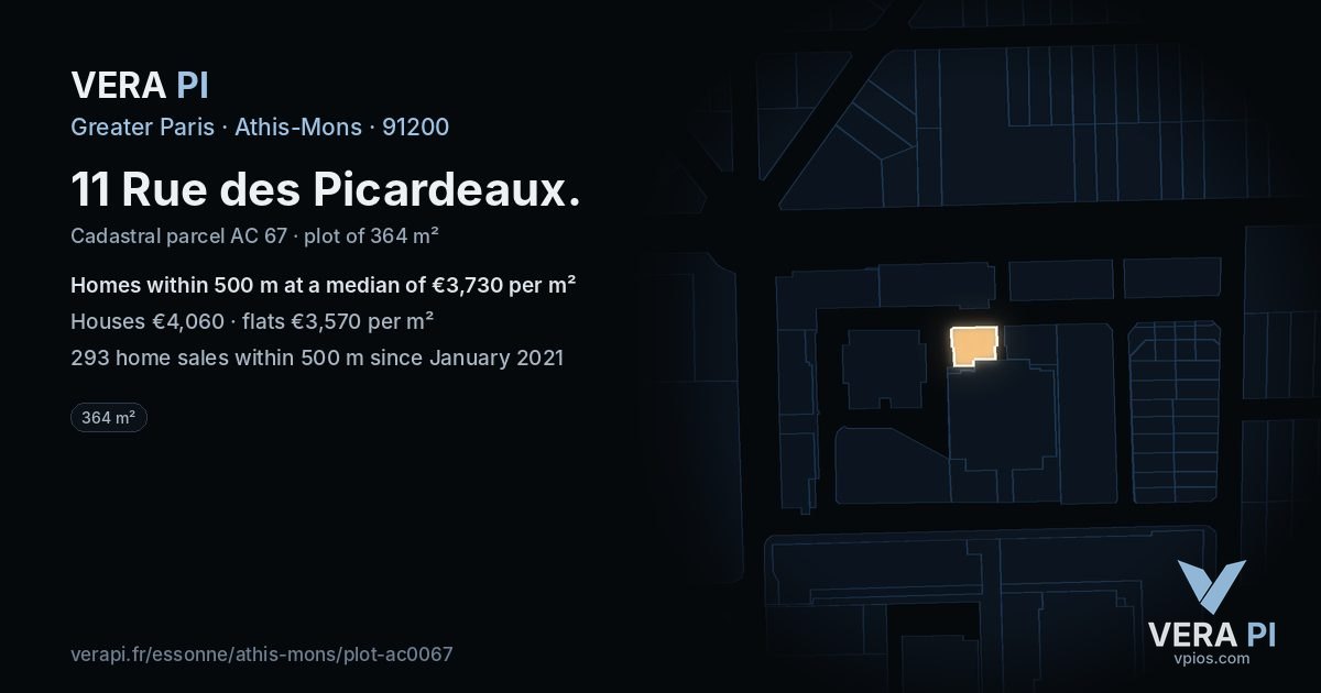 11 Rue des Picardeaux, Athis-Mons at night – the plot lit, the parcels around coloured by the prices near them