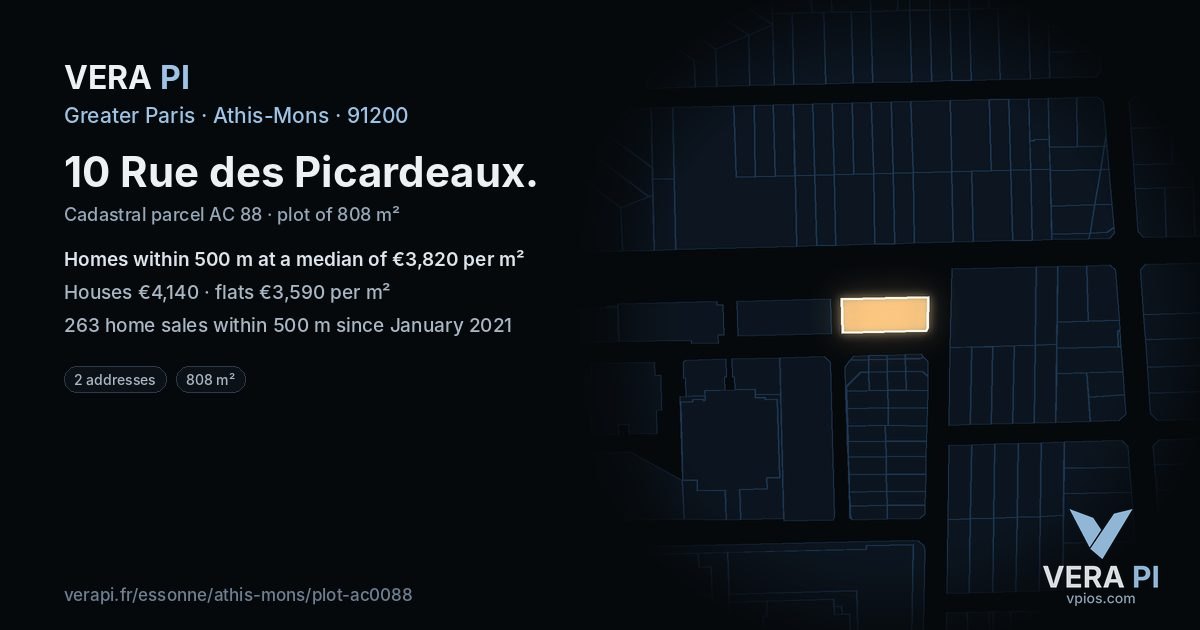 10 Rue des Picardeaux, Athis-Mons at night – the plot lit, the parcels around coloured by the prices near them