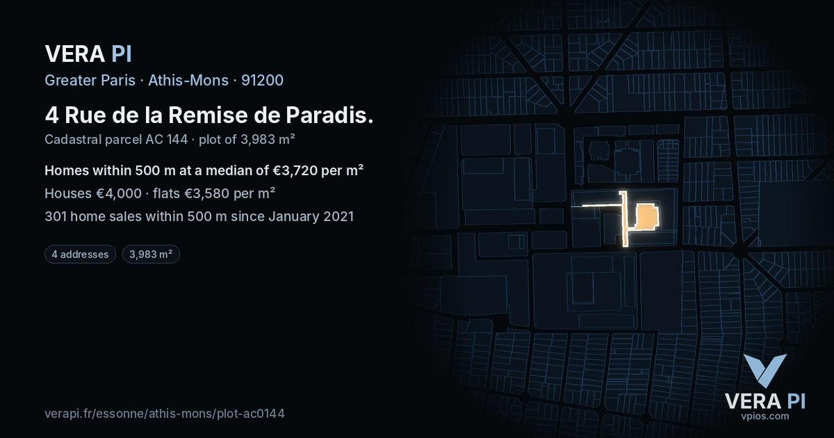 4 Rue de la Remise de Paradis, Athis-Mons at night – the plot lit, the parcels around coloured by the prices near them