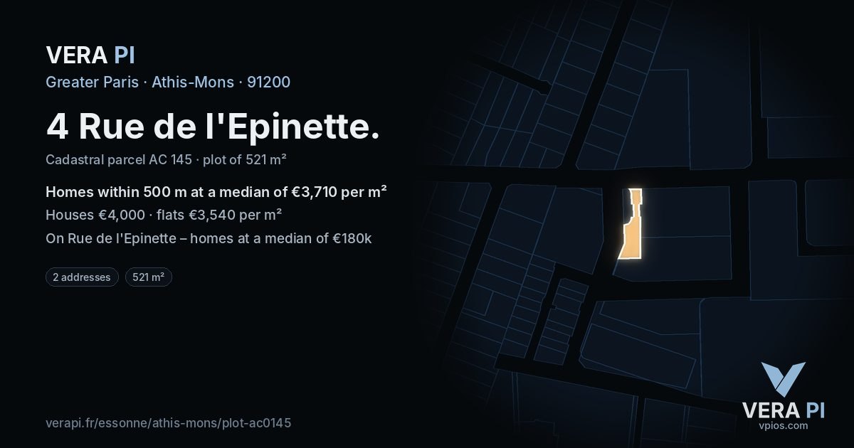 4 Rue de l'Epinette, Athis-Mons at night – the plot lit, the parcels around coloured by the prices near them