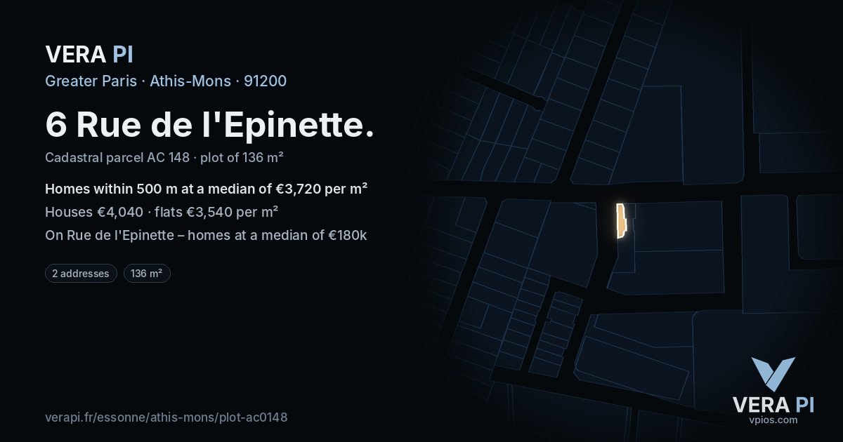 6 Rue de l'Epinette, Athis-Mons at night – the plot lit, the parcels around coloured by the prices near them