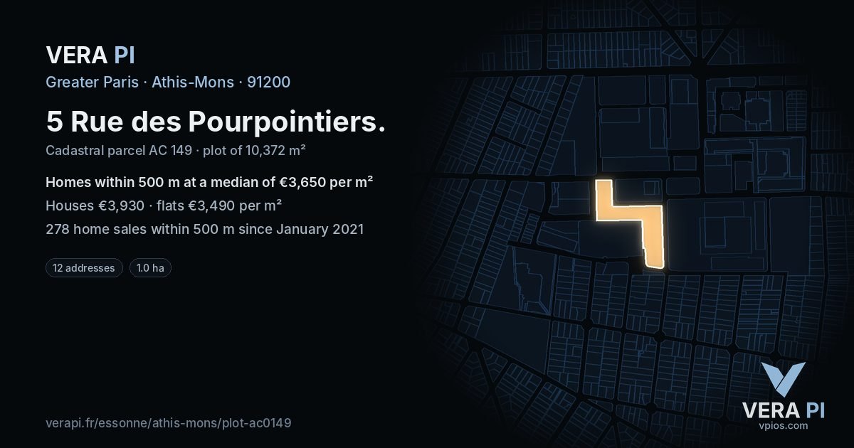 5 Rue des Pourpointiers, Athis-Mons at night – the plot lit, the parcels around coloured by the prices near them