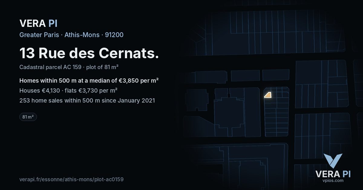 13 Rue des Cernats, Athis-Mons at night – the plot lit, the parcels around coloured by the prices near them