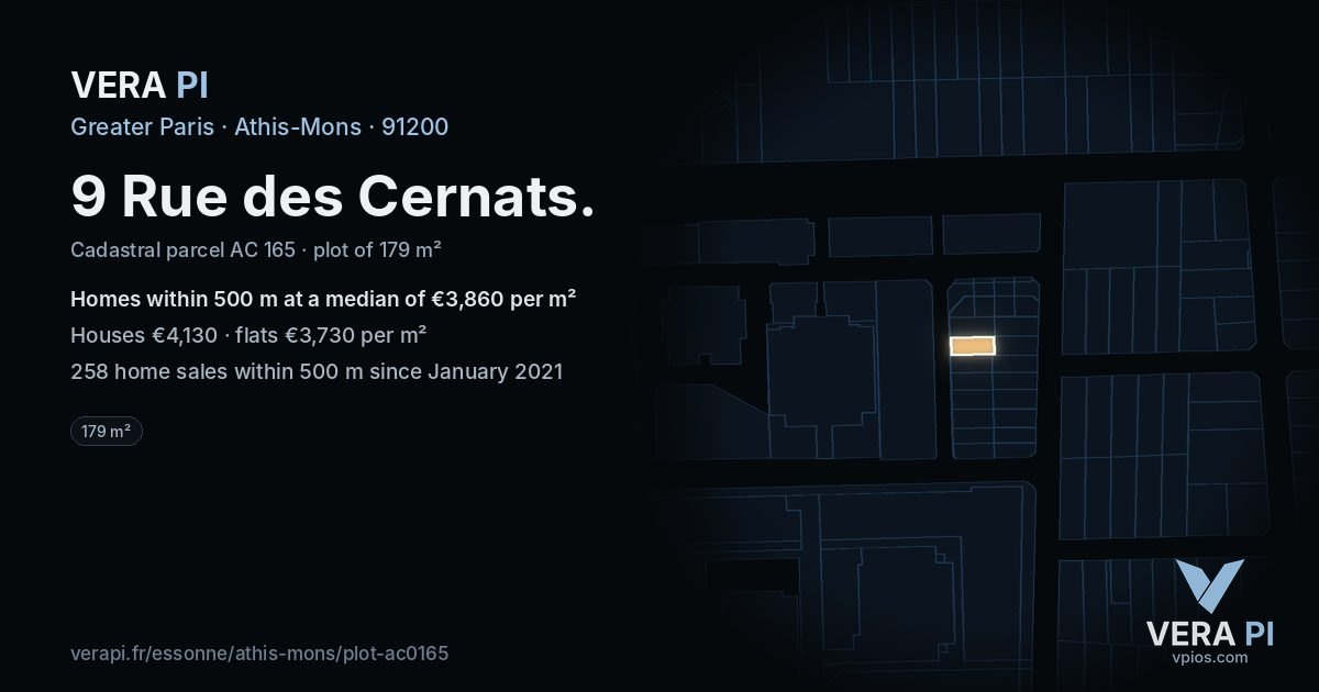 9 Rue des Cernats, Athis-Mons at night – the plot lit, the parcels around coloured by the prices near them