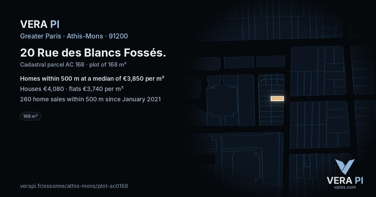 20 Rue des Blancs Fossés, Athis-Mons at night – the plot lit, the parcels around coloured by the prices near them