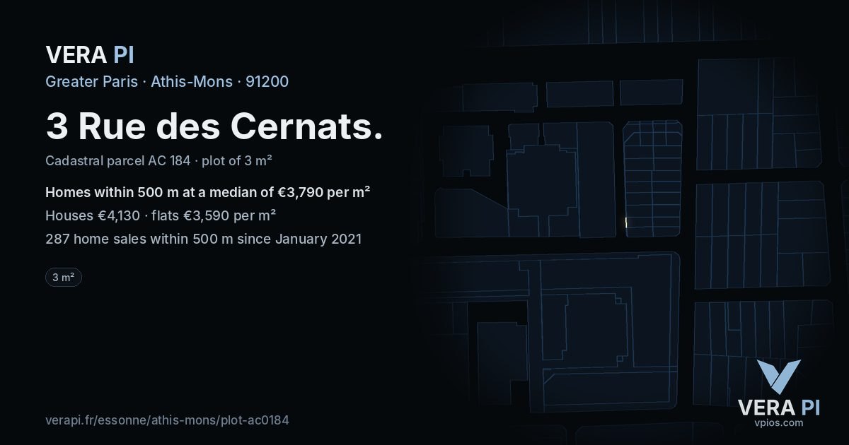 3 Rue des Cernats, Athis-Mons at night – the plot lit, the parcels around coloured by the prices near them