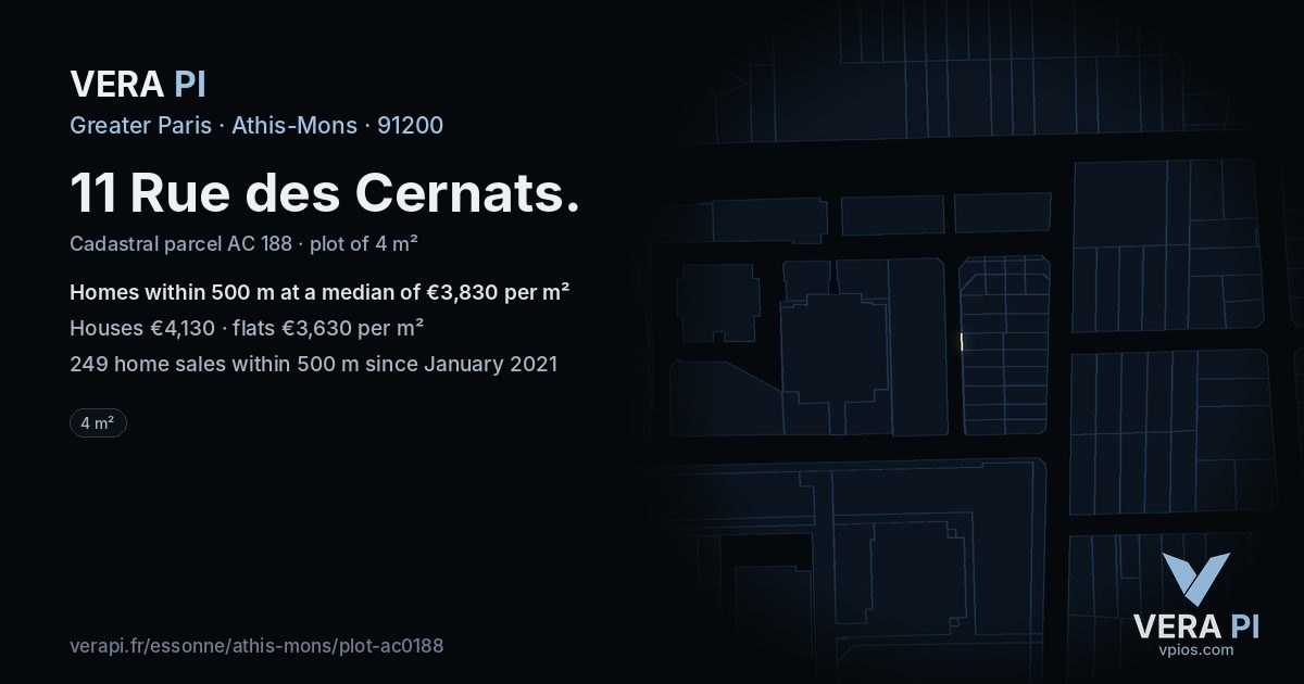 11 Rue des Cernats, Athis-Mons at night – the plot lit, the parcels around coloured by the prices near them